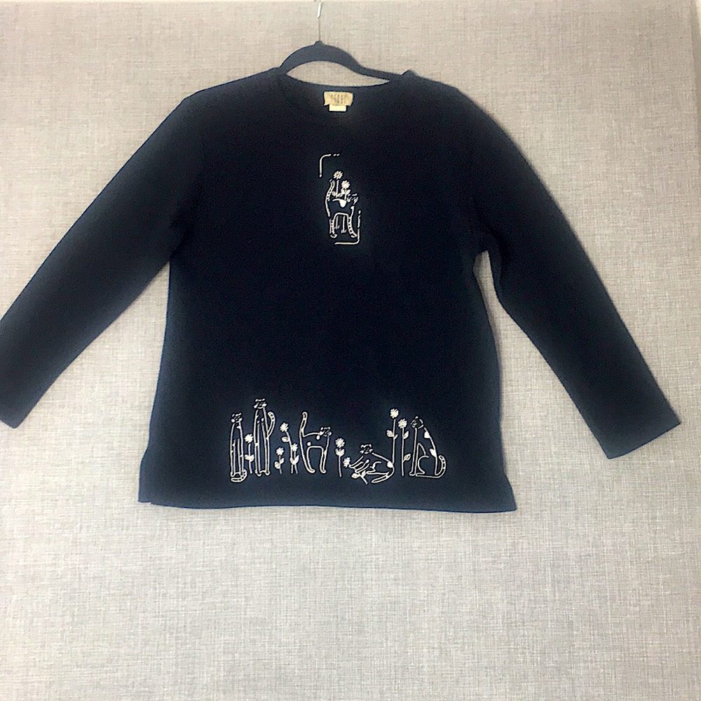 Women’s Pullover Black Sweater with White Cats Size M